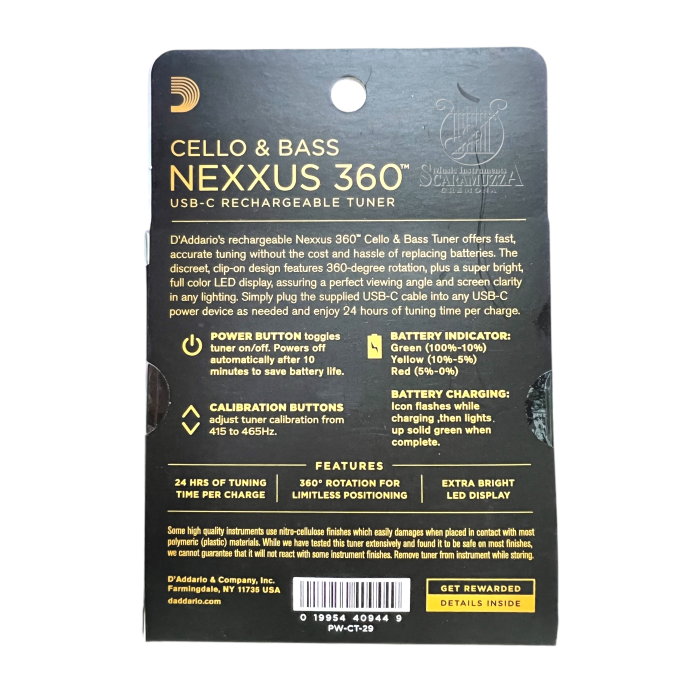 D'ADDARIO PW-CT-29 NEXXUS 360 CELLO E BASSO ACCORDATORE RICARICABILE